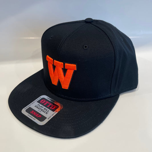 Black Flat Bill Snapback OTTO Hat w/ Orange "W"